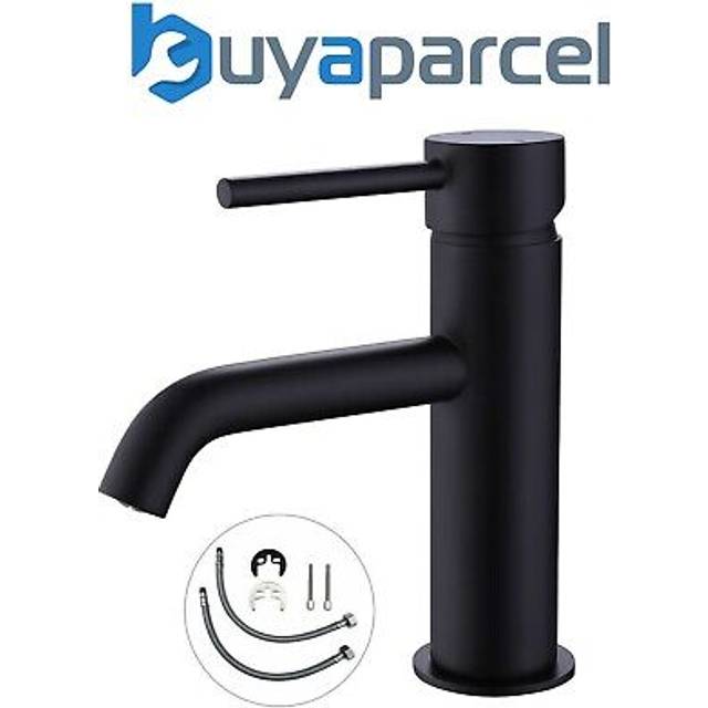 Buyaparcel - Matt Black Round Cloakroom Basin Mixer Tap Sink Mono Bathroom + Flexi Tails