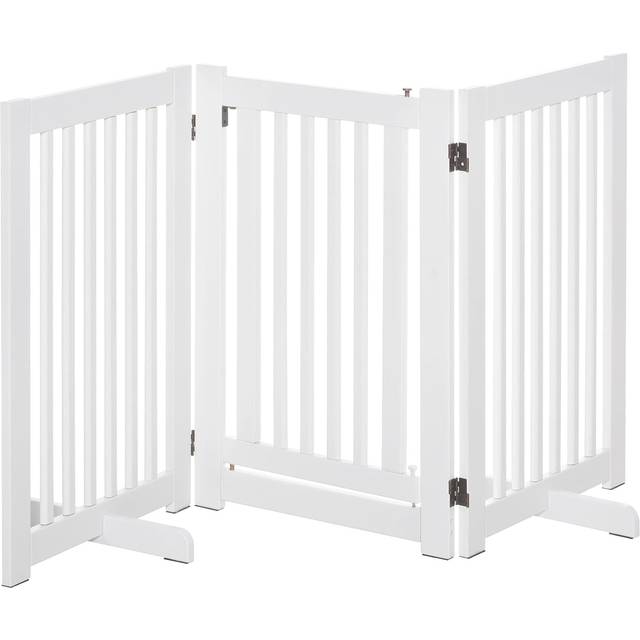 PawHut Pet Gate Medium-density fibreboard Freestanding Expandable Dog Gate w/ Latched Door Brown
