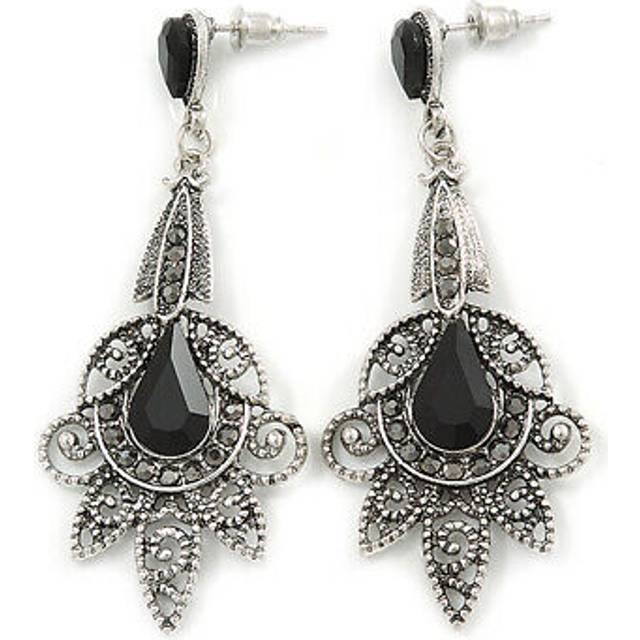 Vintage inspired filigree crystal chandelier earrings in aged silver tone -