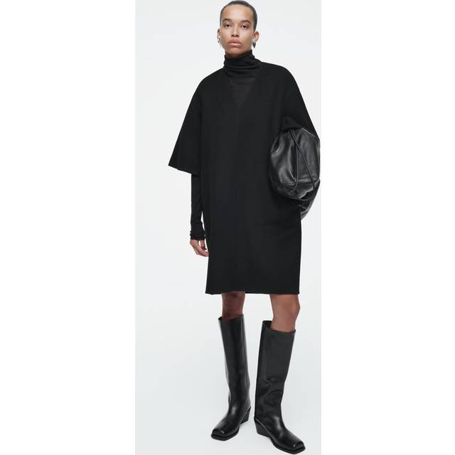 V-Neck Double-Faced Wool Dress - Black - XS