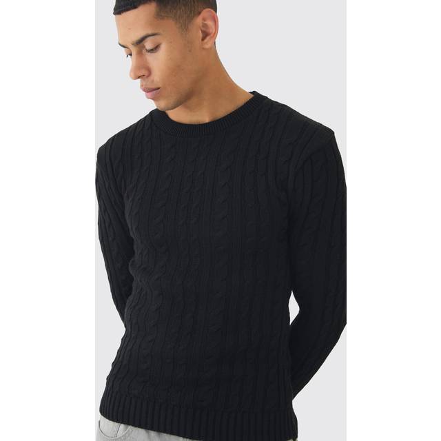 Muscle Fit Cable Knit Jumper - Black - M