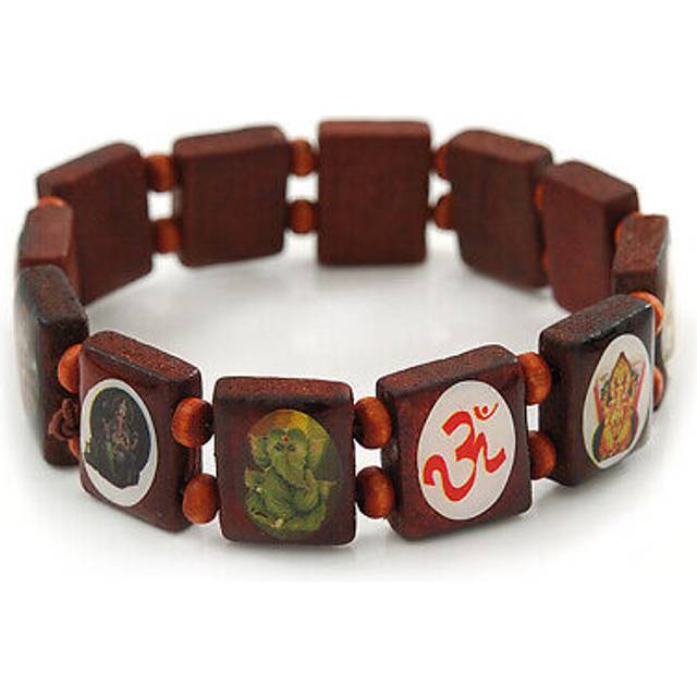 Indian religious brown wood ganesh & om stretch icon bracelet - 18cm l