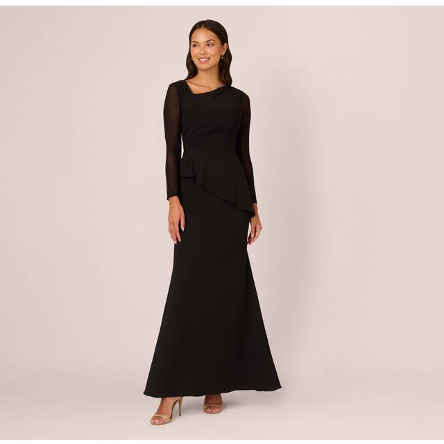 Knit Crepe Combo Mesh Gown In Black - 0