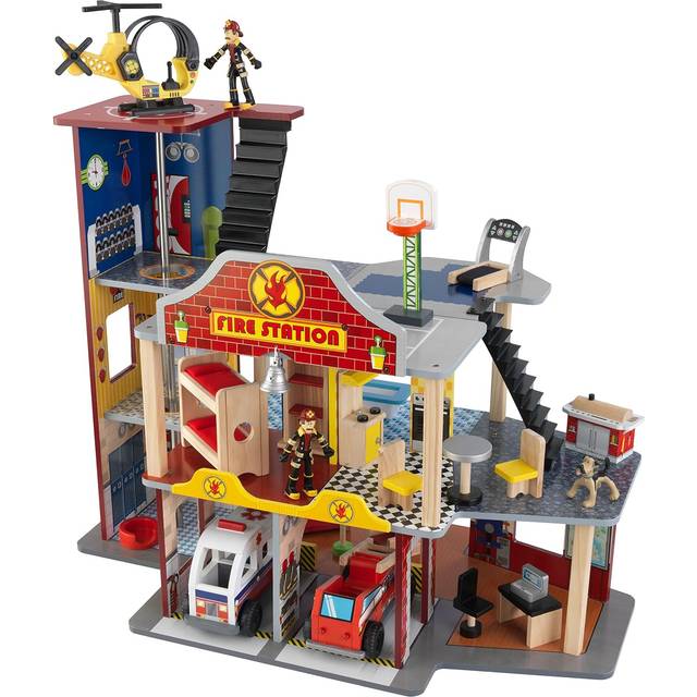 KidKraft 63214 Deluxe brandräddningslekset med 27-delars tillbehörssats med lekfordon, brun