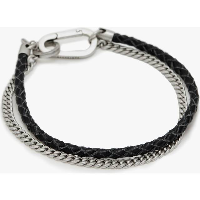 AllSaints Leather Cord Curb Chain Bracelet, Warm Silver/Black