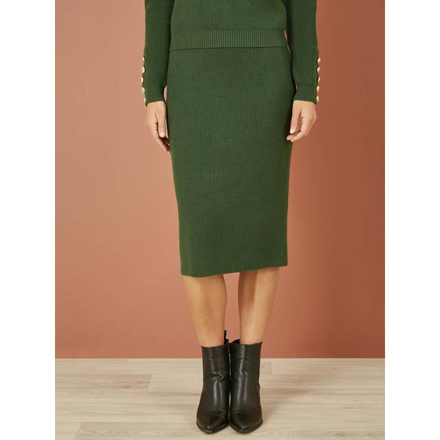 Yumi Green Rib Knitted Midi Column Skirt - Size L UK - Yumi