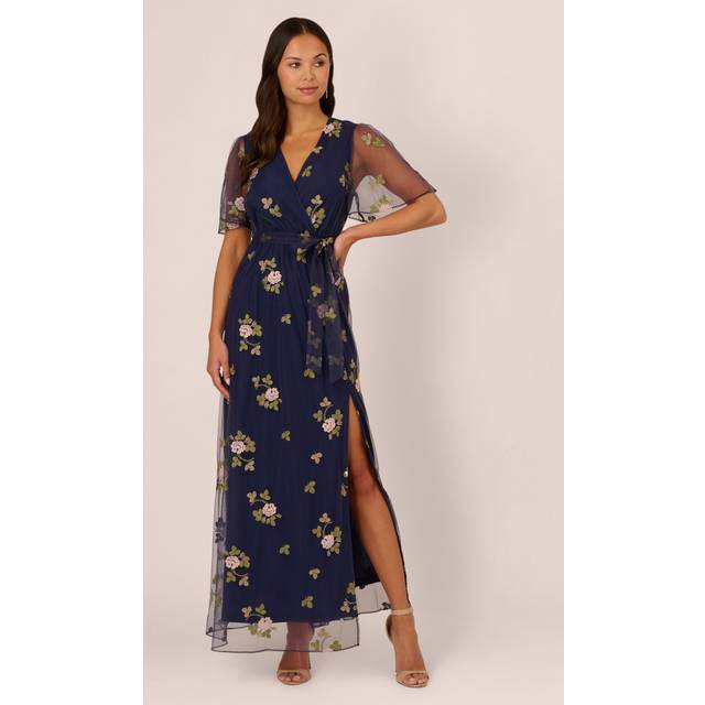 Floral Embroidered Maxi Dress With Sheer Flutter Sleeves In Navy Multi - XS
