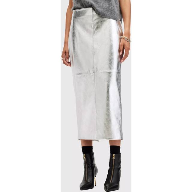 Renai Foil Pencil Skirt - Silver - Founded in London in 1994, AllSaints has been crafting iconic leather pieces for decades. As well as statement jackets, biker boots, and accessories, the brand’s everyday items offer a dose of attitude with distressed detailing, daring prints and the signature Ramskull logo.