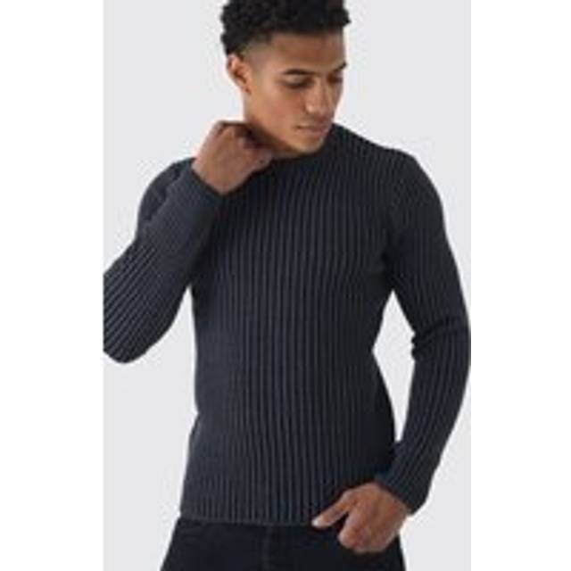 Muscle Fit Ribbed Knit Jumper - Black - XS