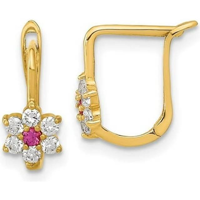 14K Yellow Gold Polished Red & White CZ Flower Hoop Earrings