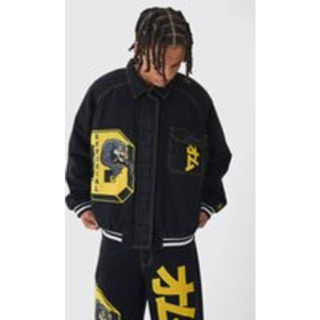 Oversized Denim Varsity Applique Bomber Jacket - Black - L