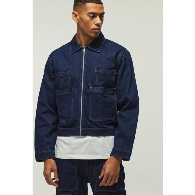 Relaxed Cropped Smart Embossed Denim Jacket - Blue - S
