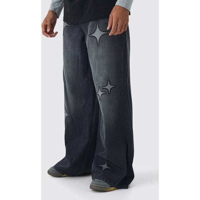 Extreme Baggy Star Applique Jeans - Black - 34R