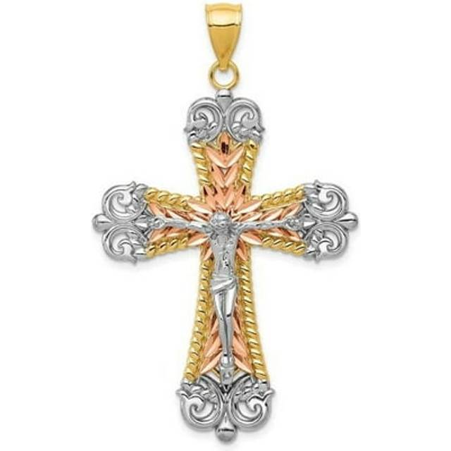 14K Tri-Color with White Rhodium Crucifix Cross Pendant