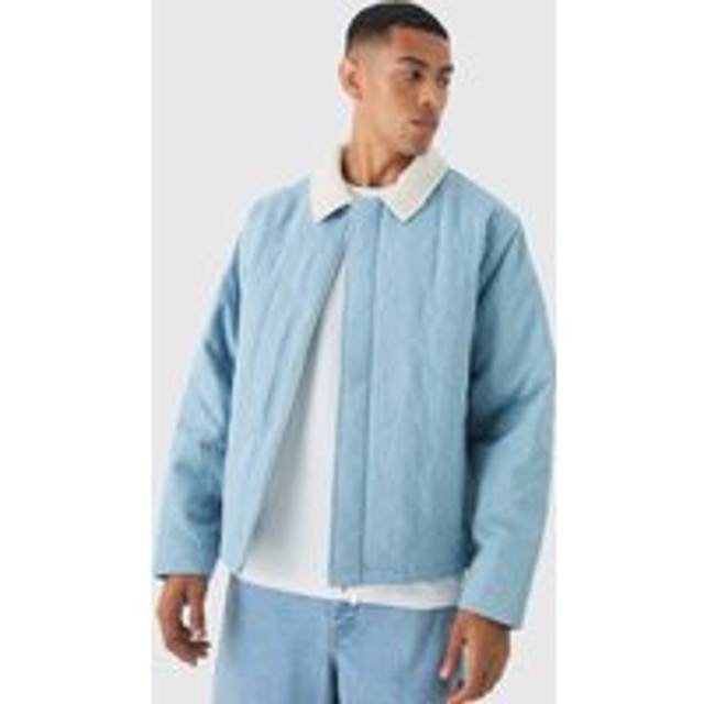 Mens Light Blue Oversized Quilted Denim Jacket With Borg Collar
