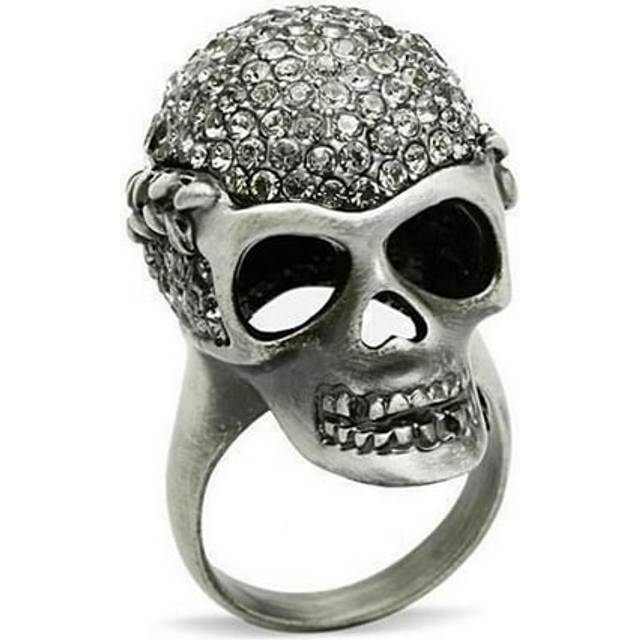Antique Silver White Metal Ring with Top Grade Crystal, Black Diamond - Size 12