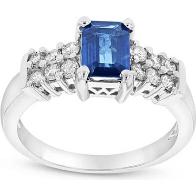 0.40 CTW Diamond & Emerald Cut Sapphire Ring, 14K Gold - Size 4.5