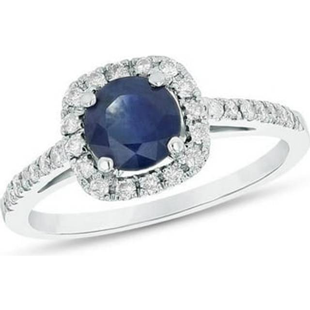 1.35 CTW Sapphire & Diamond Engagement Ring, 14K White Gold - Size 4