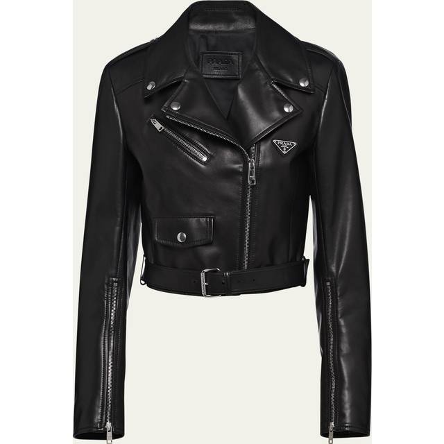 Prada Womens Black Brand-plaque Cropped Leather Biker Jacket 4 - BLACK