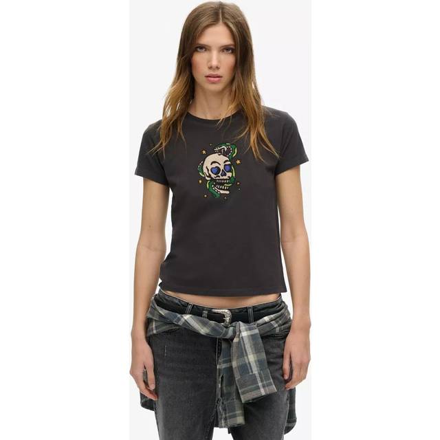 Superdry Tattoo Rhinestone Organic Cotton T-Shirt, Bison Black