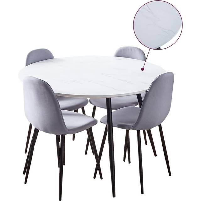 Hallowood Furniture - Cullompton Large Round Table and Chair Set 4, White Marble Effect Dining Table (120cm) and Grey Fabric Chairs, Kitchen Table,