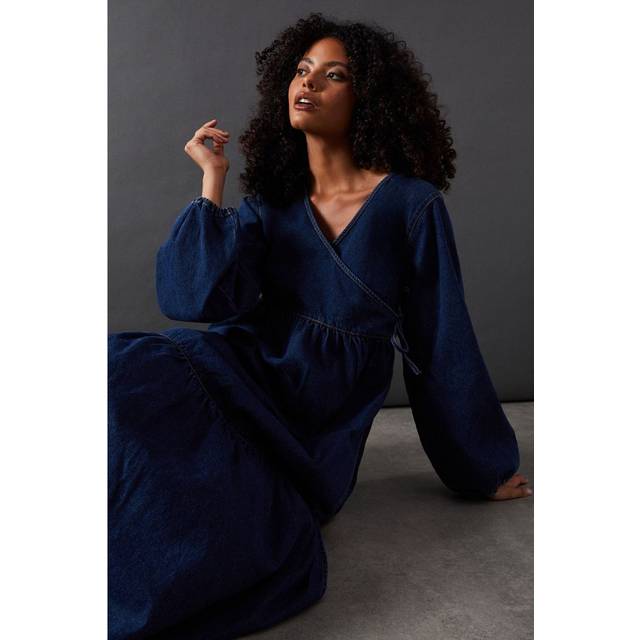 Warehouse womens denim midi dress blue wrap v neck balloon sleeves casual style