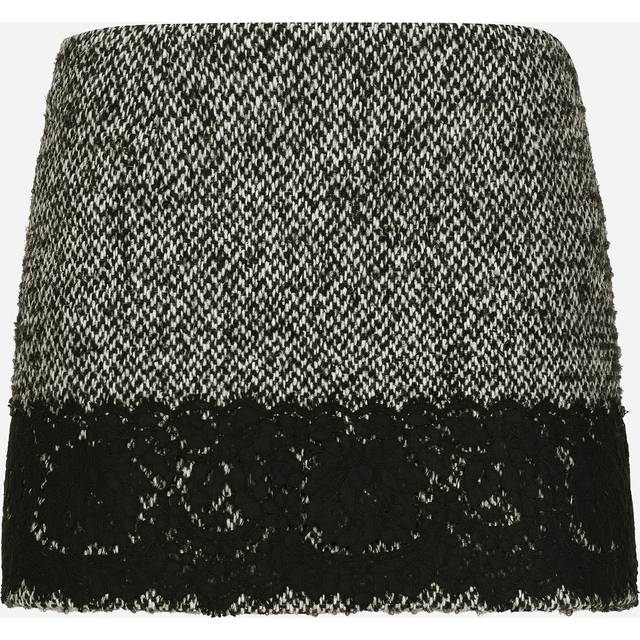 Tweed Wool Mini Skirt with Lace Trim - BLACK WHITE CHALK - 46 IT (10 US)