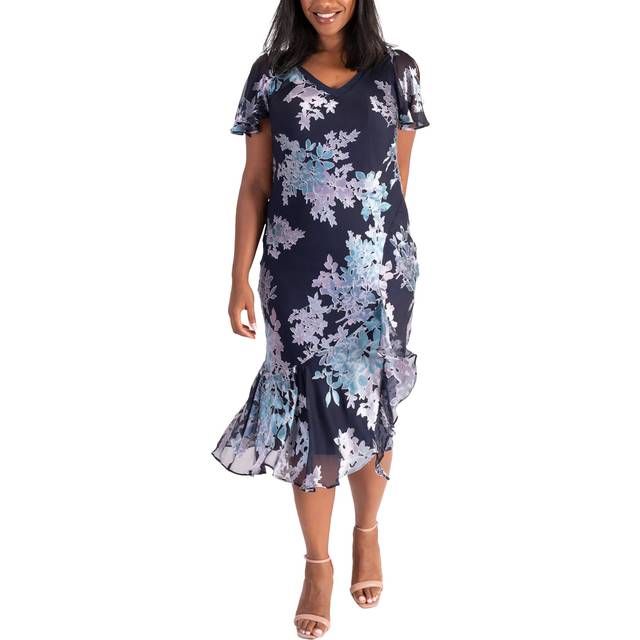 chesca Enchanting Leaves Silk Blend Dress, Navy/Multi