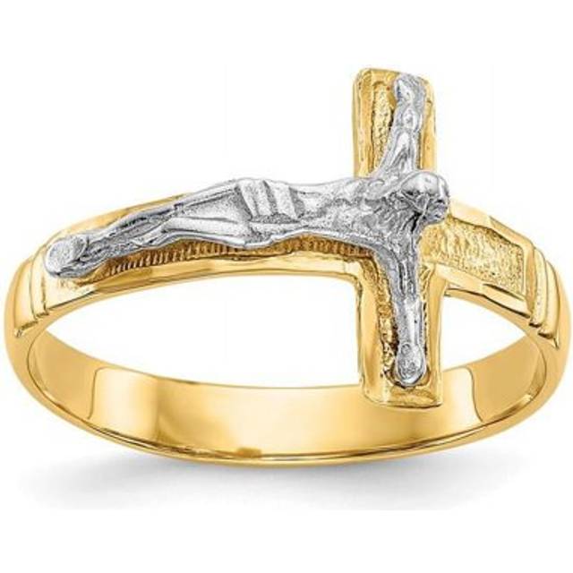 14K Two-Tone Polished Diamond-Cut Mens Crucifix Ring - Size 9