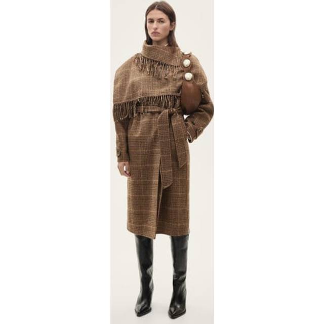 Mango Vegas Shawl Neck Check Wool Rich Coat, Brown