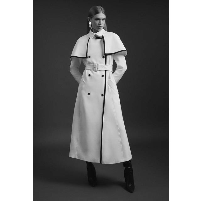Tailored Contrast Tip Detail Cape Trench Midi Coat - Ivory