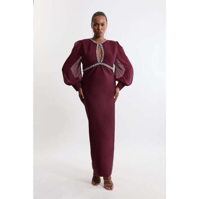 Plus Size Embellished And Chiffon Sleeve Figure Form Knit Maxi Dress - Red