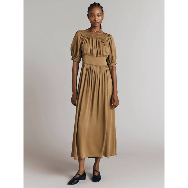 Ghost Anouk Viscose Shirred Neck Midi Dress - Ochre