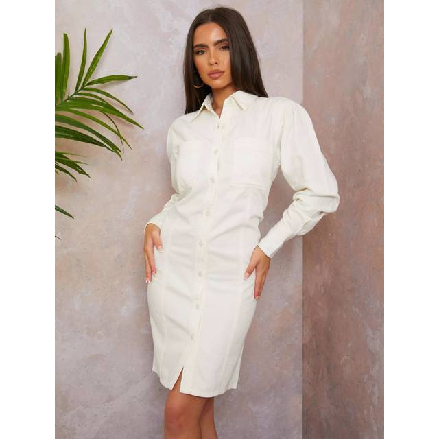 Long Sleeve Denim Midi Dress in Cream - 12