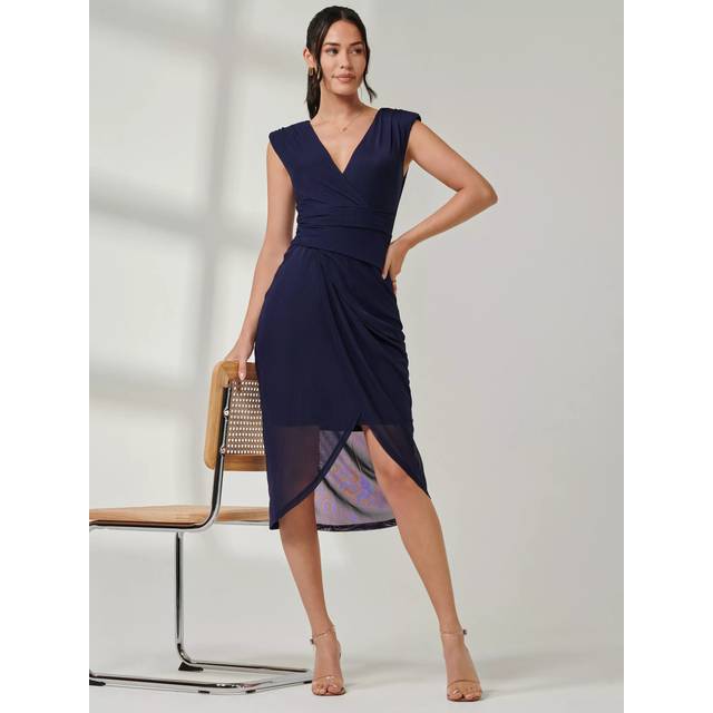 Wrap Ruched Mesh Bodycon Dress - Navy - 16