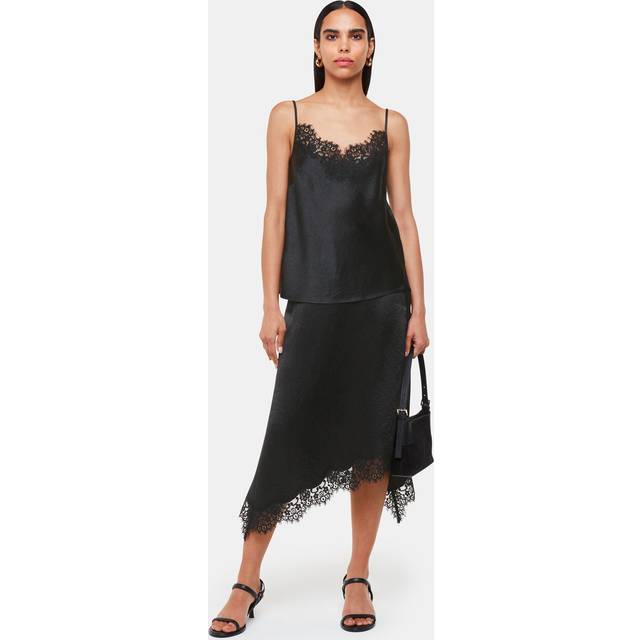 Whistles Satin Lace Trim Midi Skirt, Black