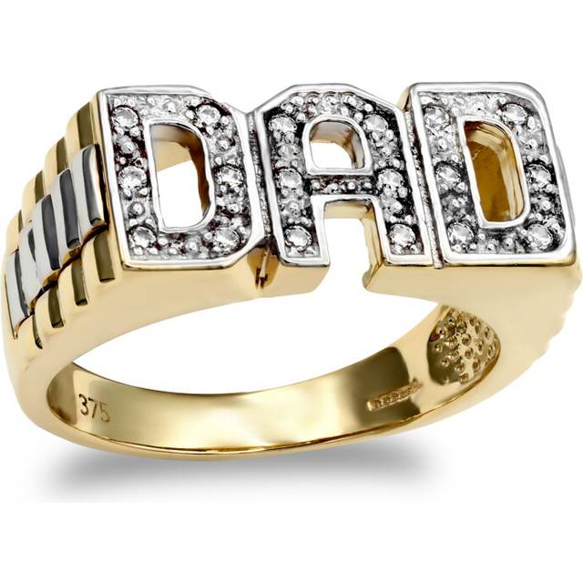 (T) Jewelco London Men's Solid 9ct Yellow Gold White Round Brilliant Cubic Zirconia Brick Link Sides DAD Ring - JRN133