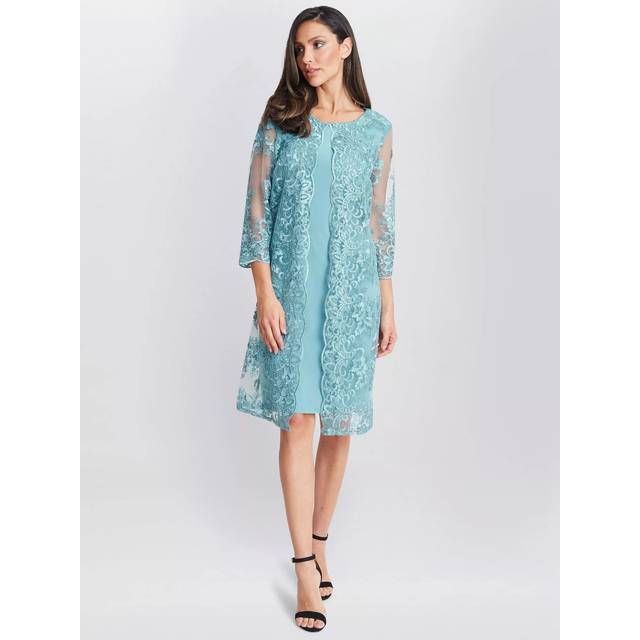 Gina Bacconi Jill Embroidered Lace Mock Jacket Dress, Teal