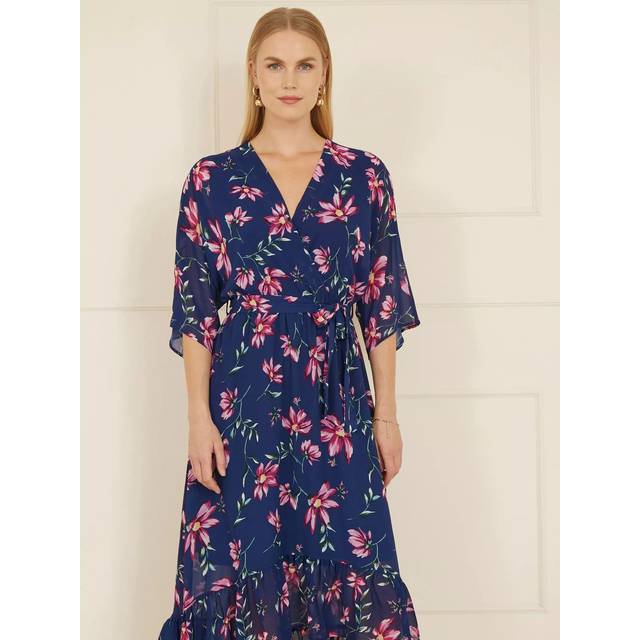 Yumi Navy Floral Kimono Dipped Hem Dress - Size 8 UK - Yumi