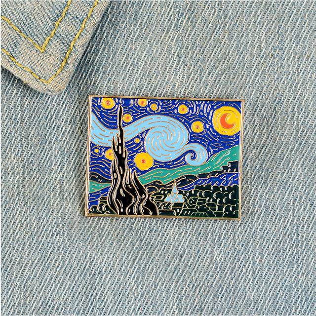 Stylish Van Gogh Starry Night Brooch Timeless Geometric Design Highend Alloy Accessory