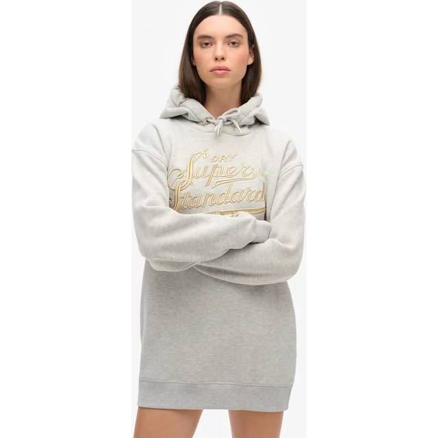 Superdry Damen Hellgrau Luxe Kapuzenkleid mit Logo in Metallic-Optik, Größe: 42-44