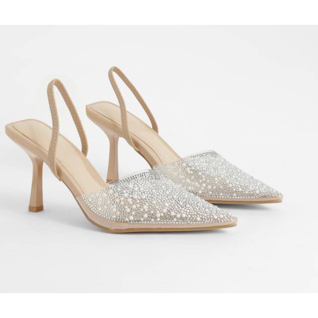 Womens Pearl Embellished Slingback Court Heels - Beige - 5