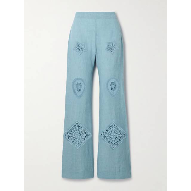 ALIX OF BOHEMIA - Charlie Guipure Lace-trimmed Linen Flared Pants - Light blue - Blue - small