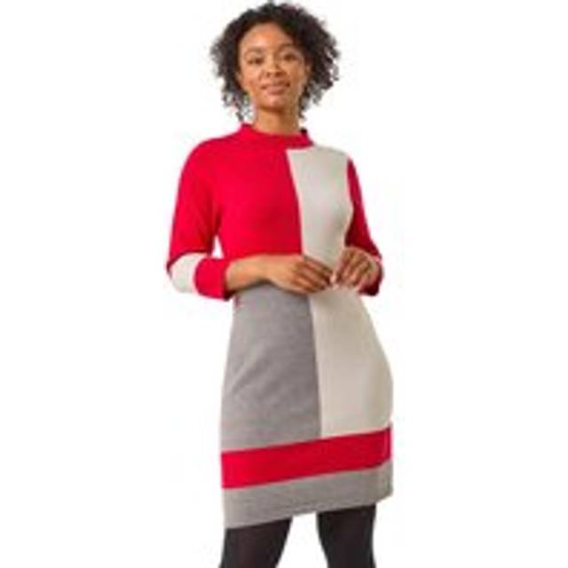 Colour Block Knitted Dress - Red - 18