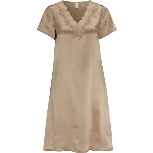 Damella Woven Silk Plain Nightdress - Nougat - Medium