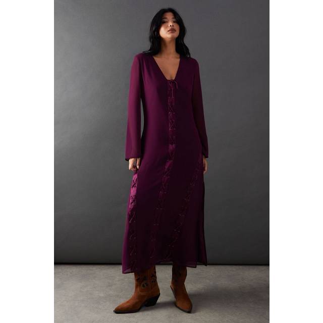 Warehouse Womens Chiffon Lace Up Panelling Midi Dress - Purple - Size 10 UK