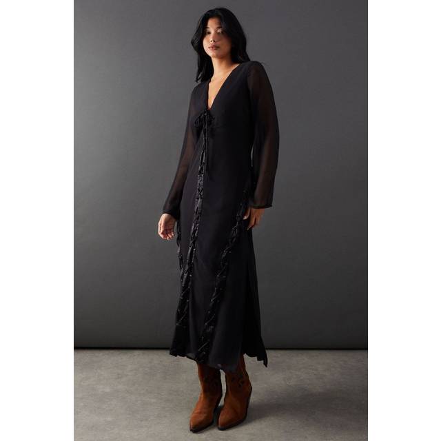 Womens Chiffon Lace Up Panelling Midi Dress - Black - 10