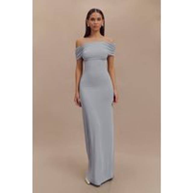 Imogen Off Shoulder Slinky Maxi Dress - Dusty Blue