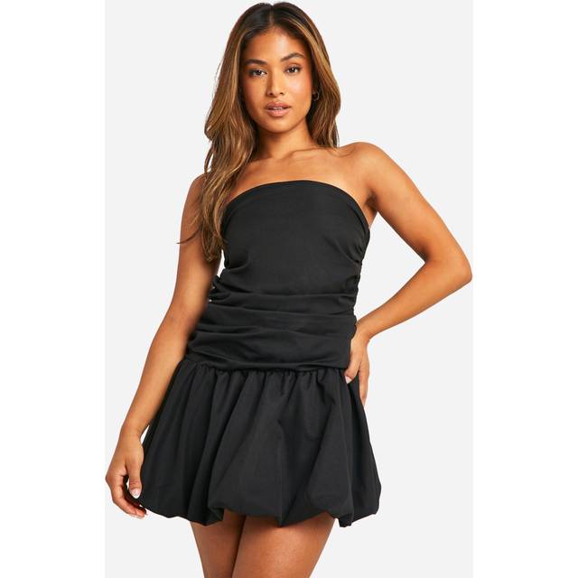 Womens Petite Ruched Bandeau Open Back Puff Ball Mini Dress - Black - 14, Black