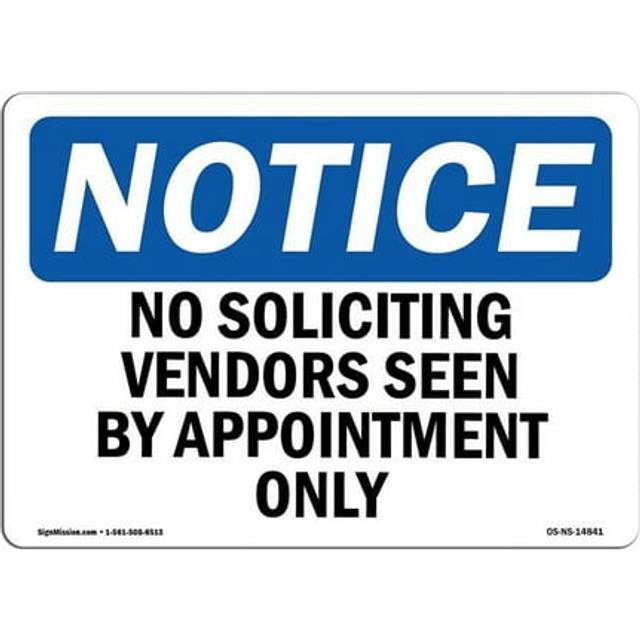 SignMission OS-NS-P-1014-L-14841 OSHA Notice Sign - No Soliciting Vendors Seen by Appointment Only